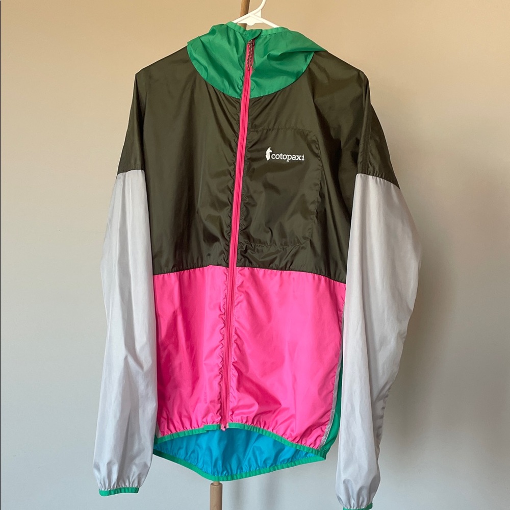 Cotopaxi Colorblock Windbreaker in Green, Pink, and Gray